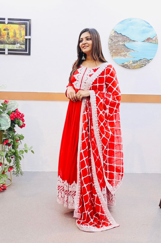 Stylish Sequence Thread Work Red Color Anarkali Gown