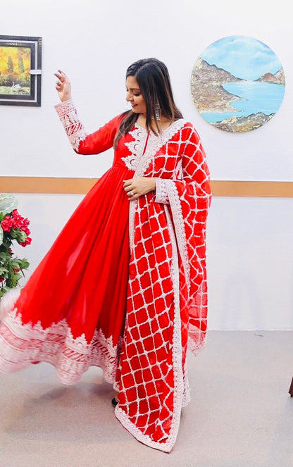 Stylish Sequence Thread Work Red Color Anarkali Gown