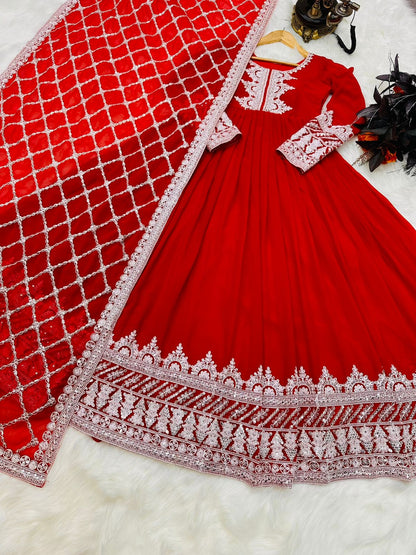 Stylish Sequence Thread Work Red Color Anarkali Gown