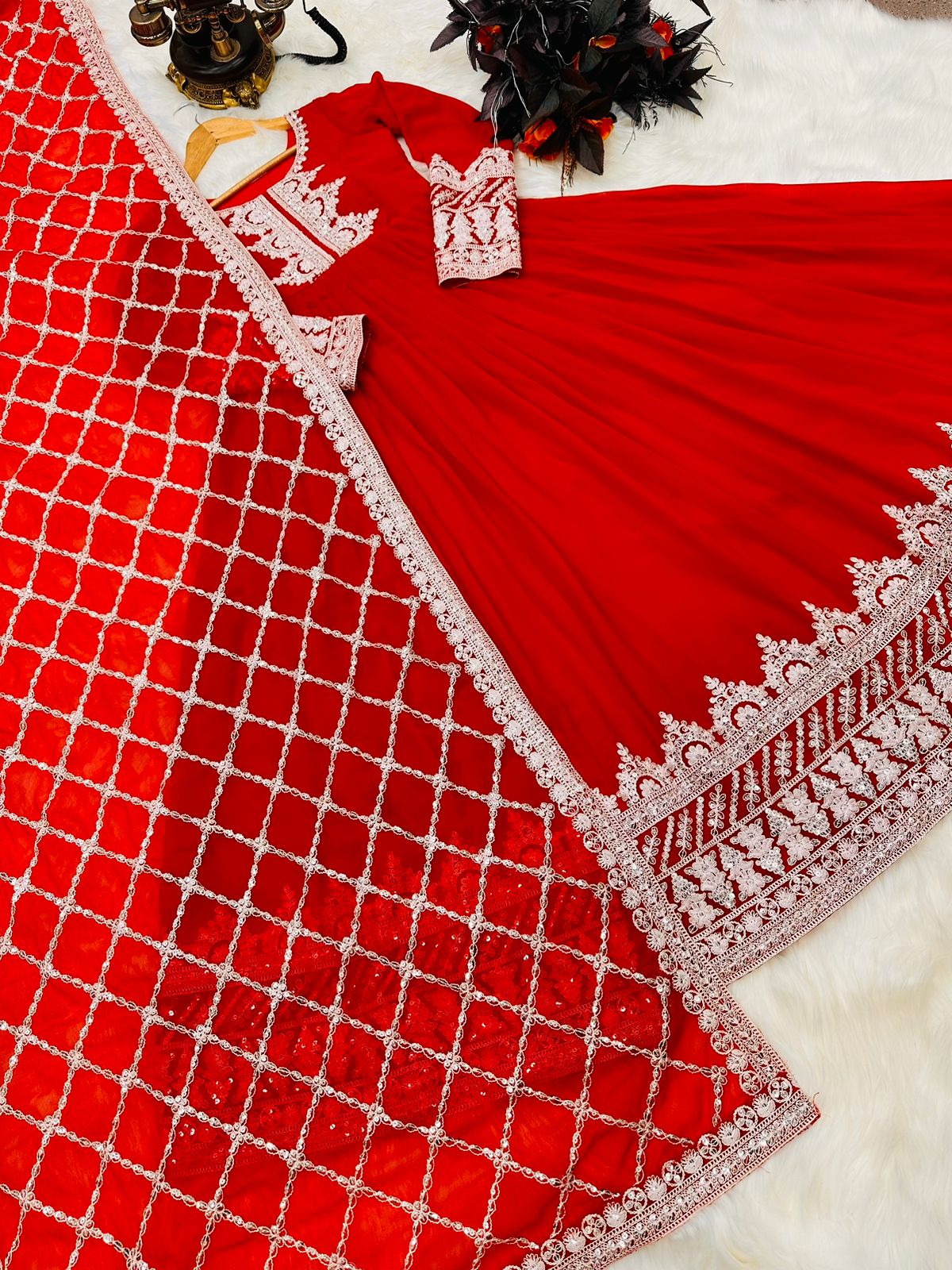 Stylish Sequence Thread Work Red Color Anarkali Gown