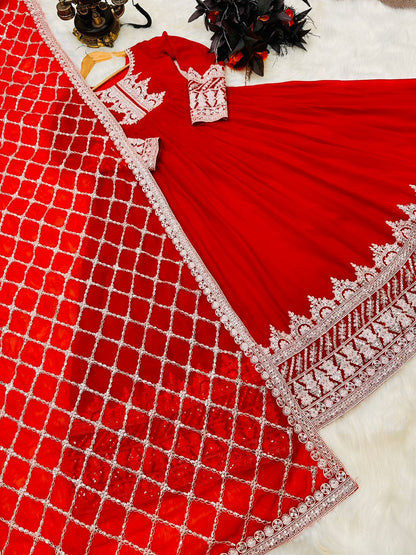Stylish Sequence Thread Work Red Color Anarkali Gown