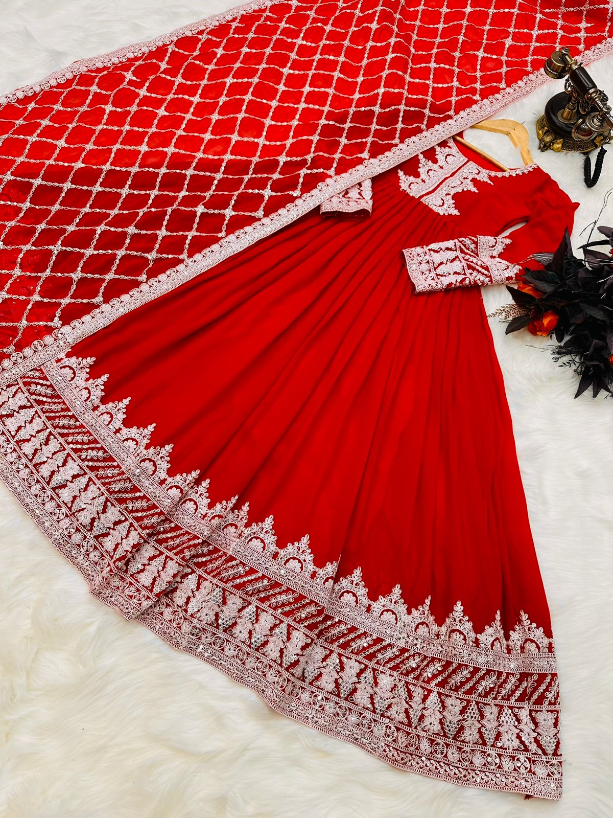 Stylish Sequence Thread Work Red Color Anarkali Gown