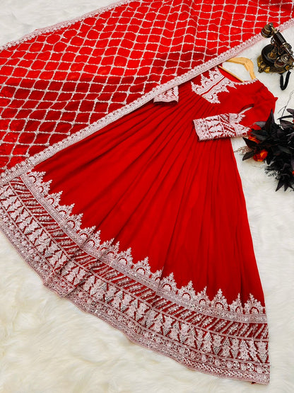 Stylish Sequence Thread Work Red Color Anarkali Gown