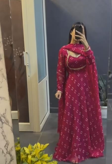 Fancy Neck Red Color Printed Anarkali Gown