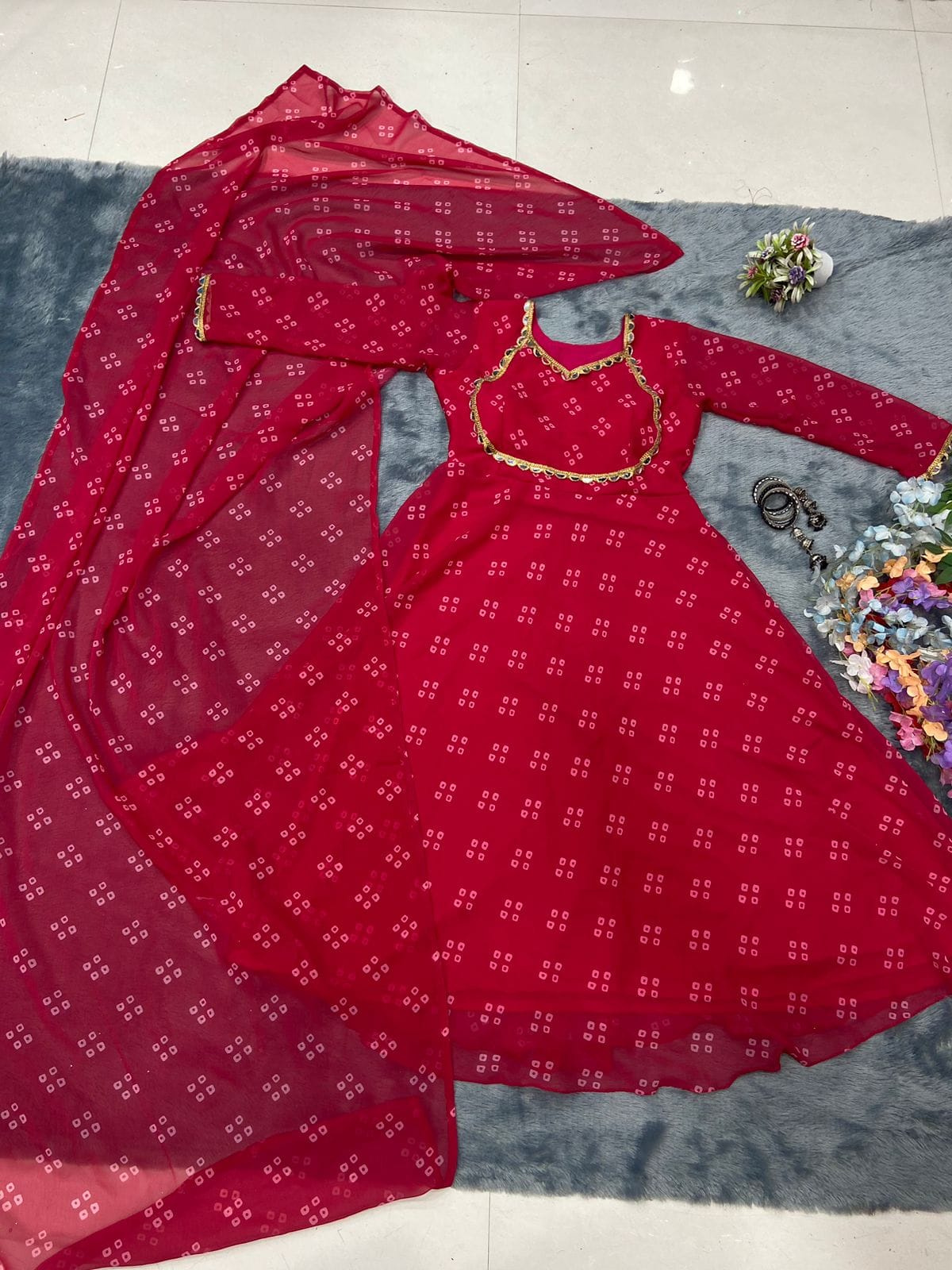 Fancy Neck Red Color Printed Anarkali Gown