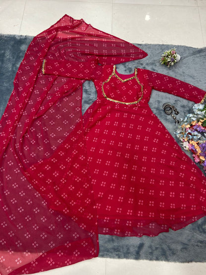 Fancy Neck Red Color Printed Anarkali Gown