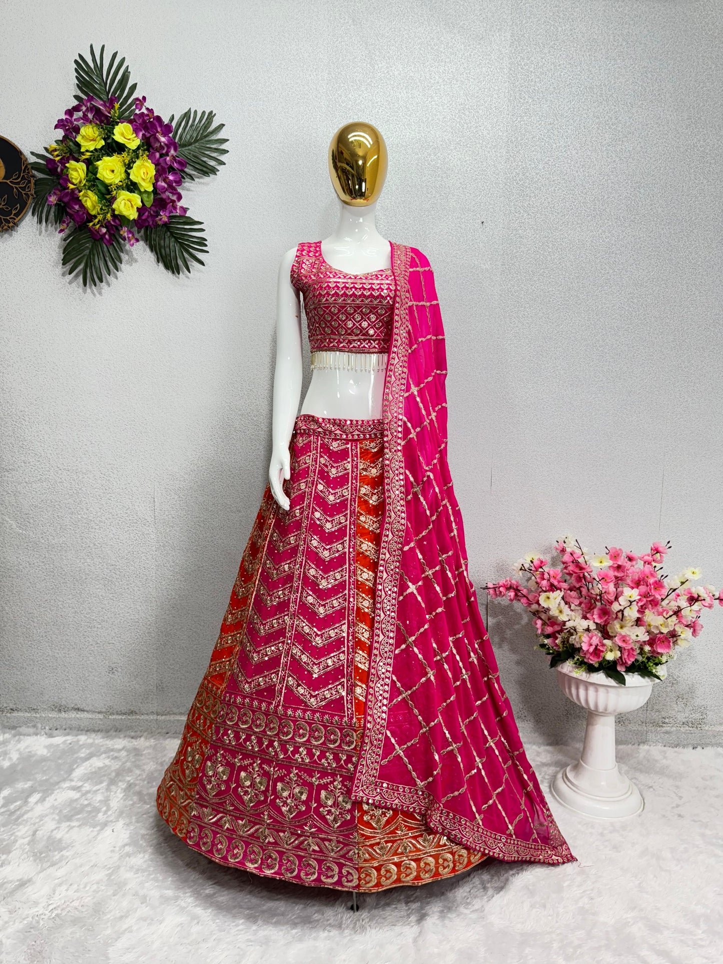Wedding Pink With Orang Double Color Lehenga Choli