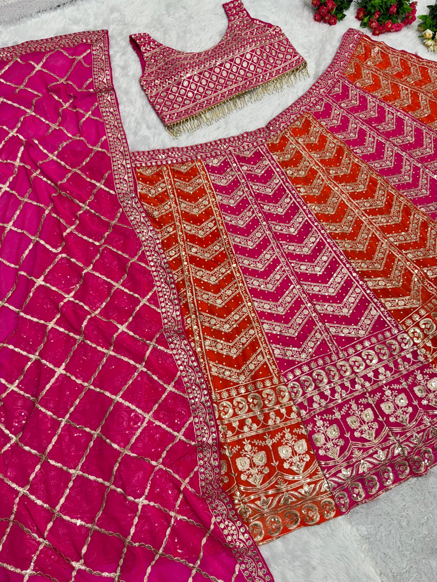 Wedding Pink With Orang Double Color Lehenga Choli