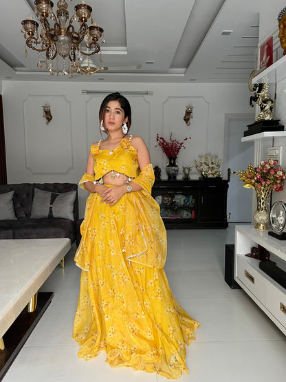 Haldi Wear Printed Yellow Color Organza Lehenga Choli