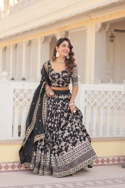 Wedding Wear Black Color Embroidered Work Lehenga Choli