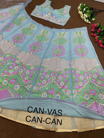 Wedding Wear Sky Blue Color Mirror Work Lehenga Choli