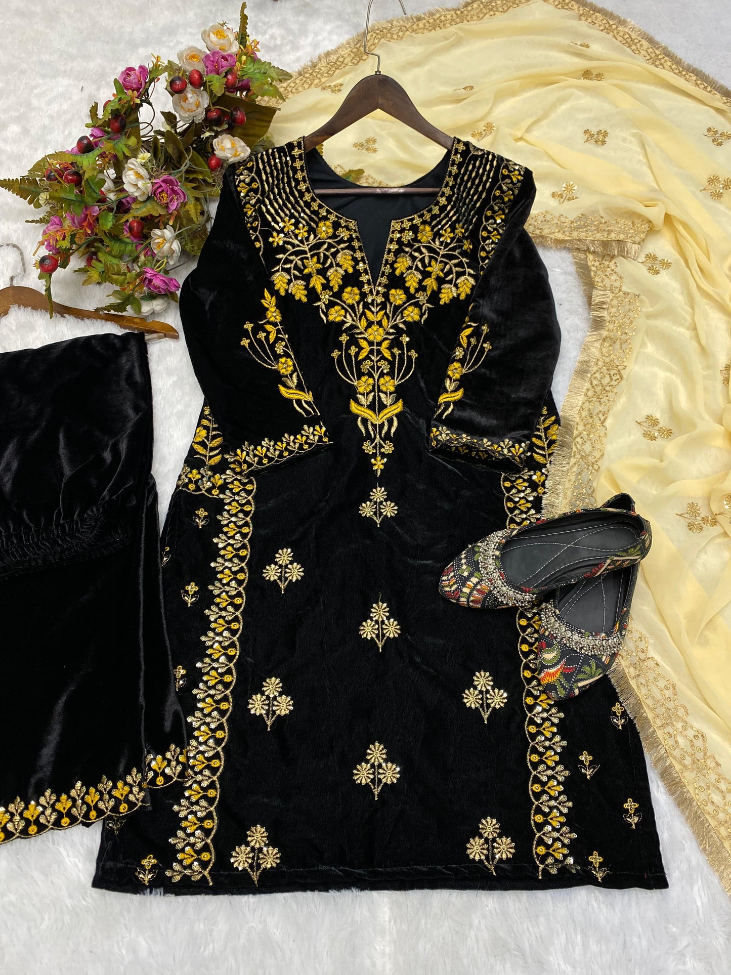 Wonderful Embroidery Work Black Velvet Salwar Suit