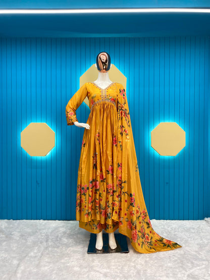 Terrific Print With Embroidery Work Mustard Palazzo Suit