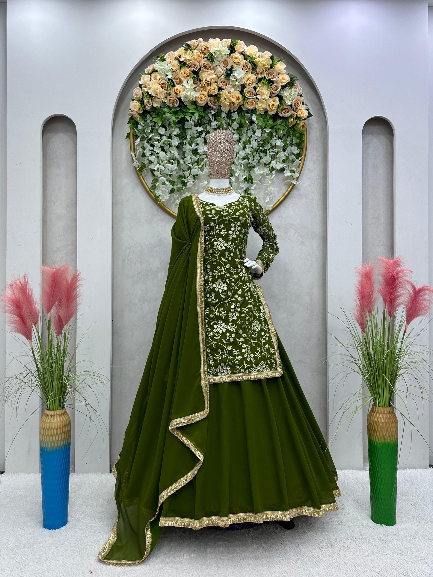 Mehndi Ceremony Wear Thread Work Top With Lehenga