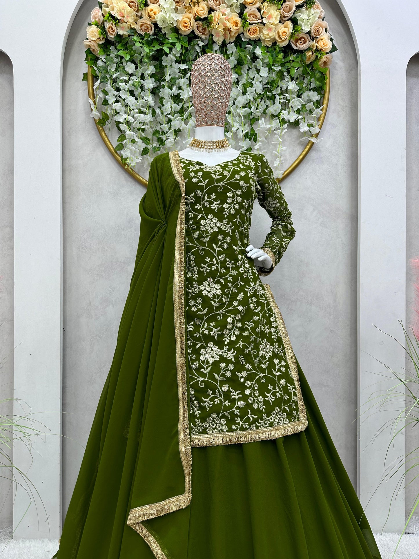 Mehndi Ceremony Wear Thread Work Top With Lehenga