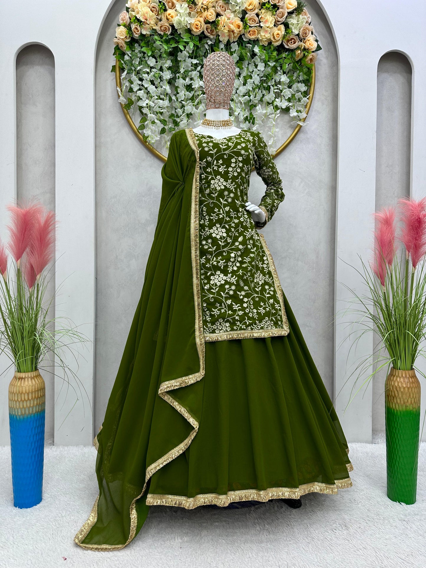 Mehndi Ceremony Wear Thread Work Top With Lehenga
