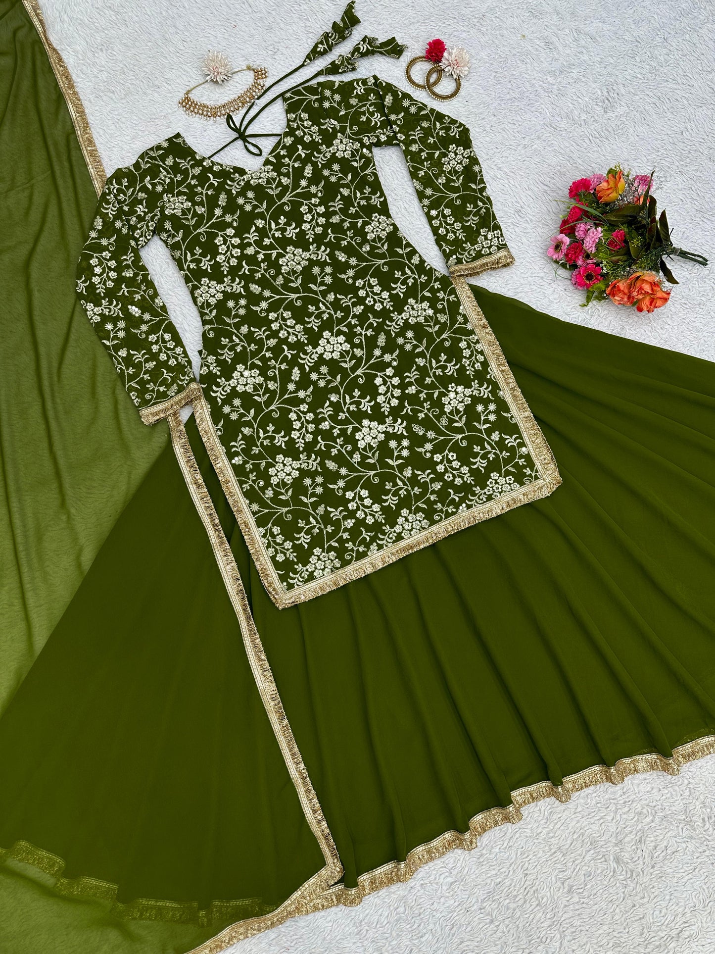 Mehndi Ceremony Wear Thread Work Top With Lehenga