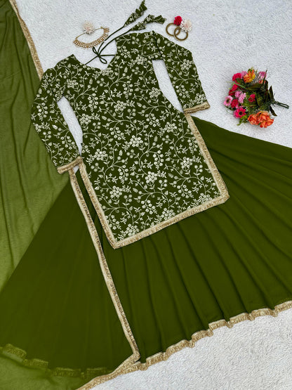 Mehndi Ceremony Wear Thread Work Top With Lehenga
