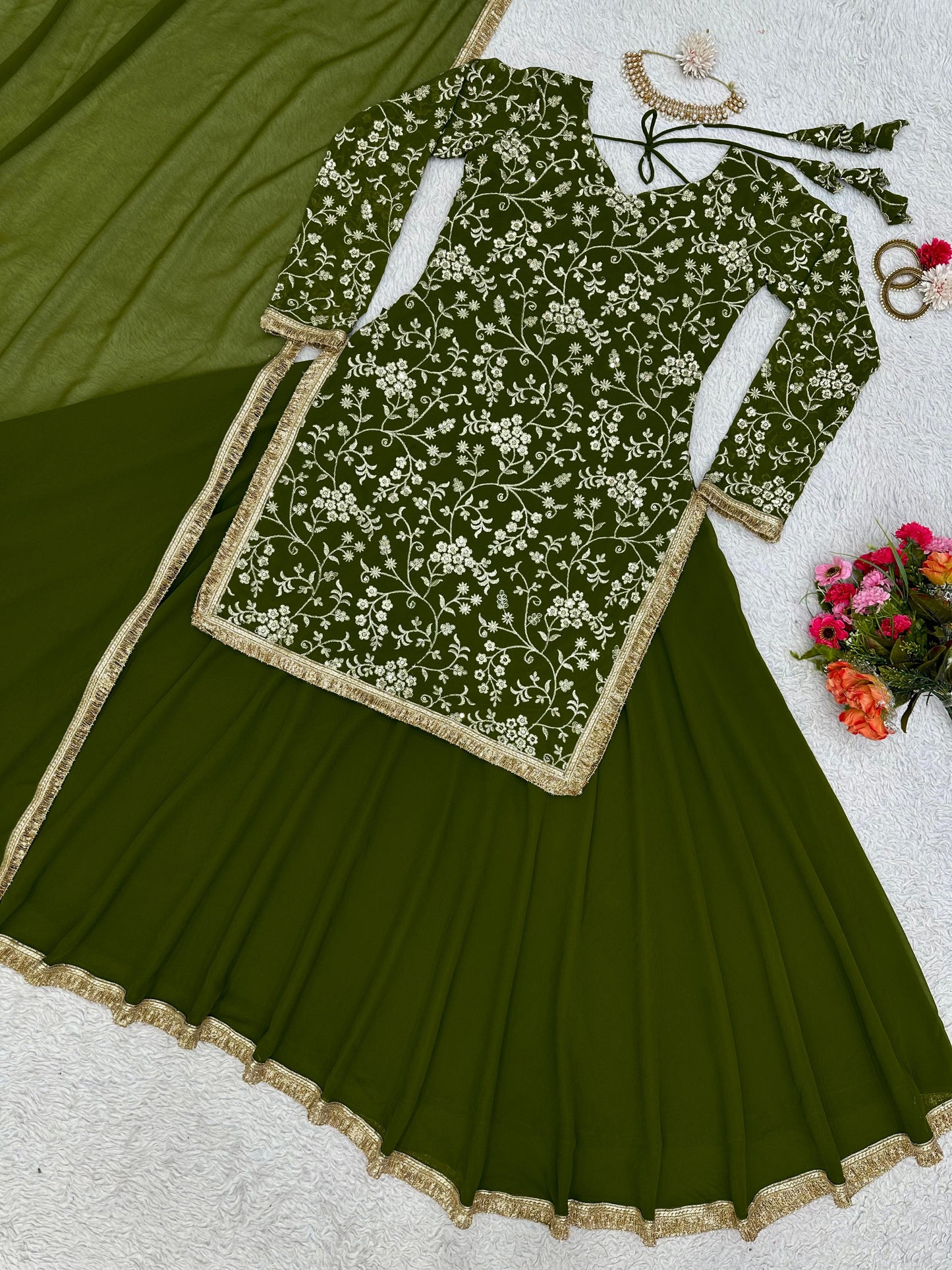 Mehndi Ceremony Wear Thread Work Top With Lehenga