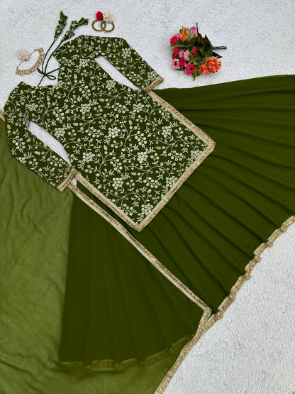 Mehndi Ceremony Wear Thread Work Top With Lehenga