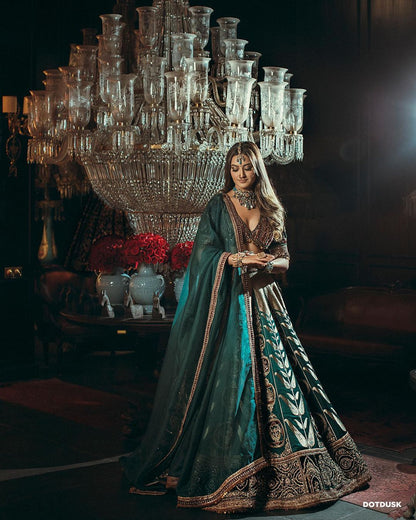 Bridal Wear Thread Zari Work Teal Green Lehenga Choli