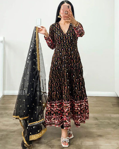 Terrific Black Color Thread Sequence Work Gown
