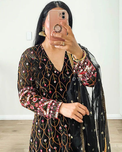 Terrific Black Color Thread Sequence Work Gown