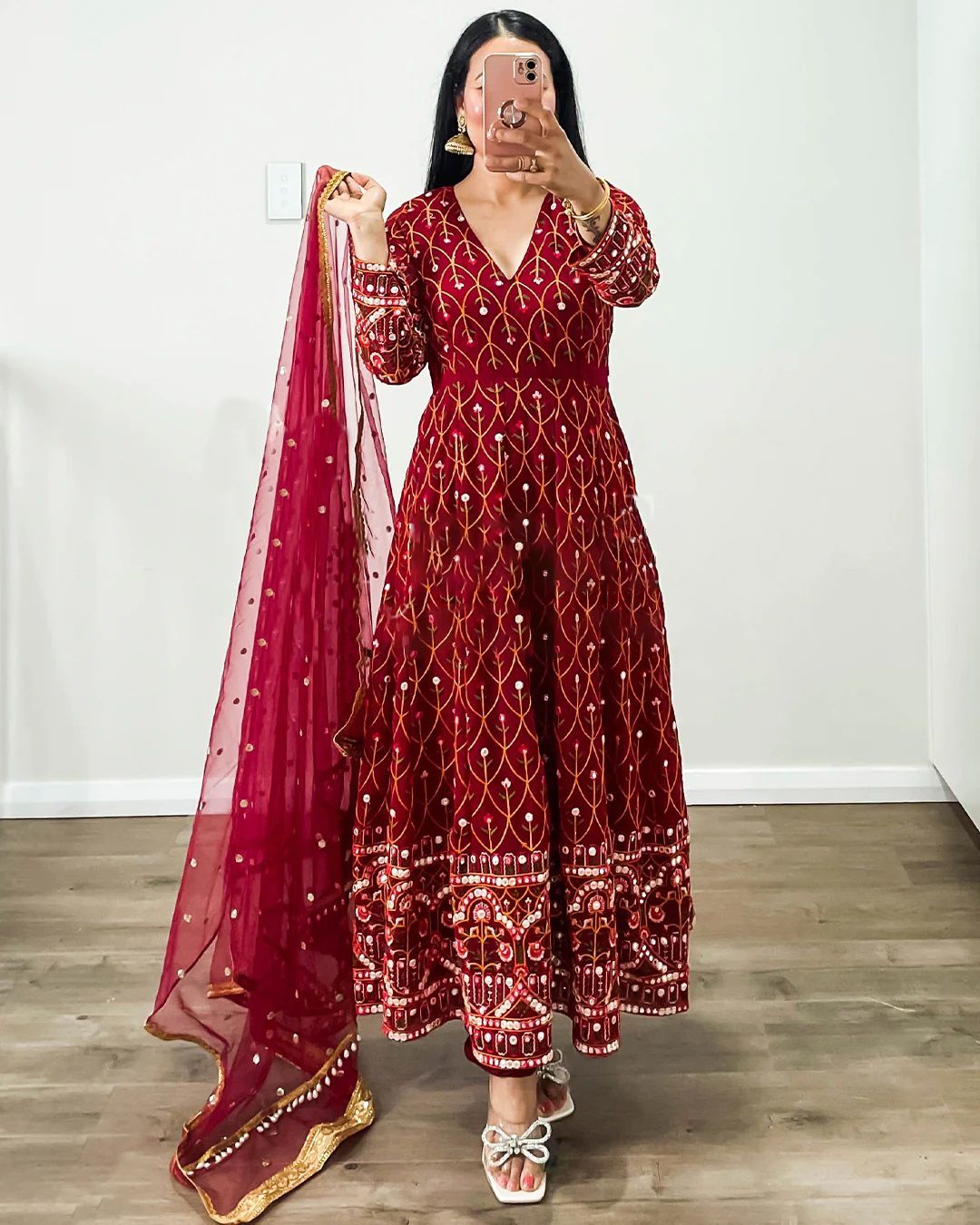 Terrific Red Color Thread Sequence Work Gown