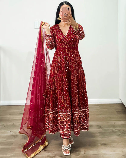 Terrific Red Color Thread Sequence Work Gown