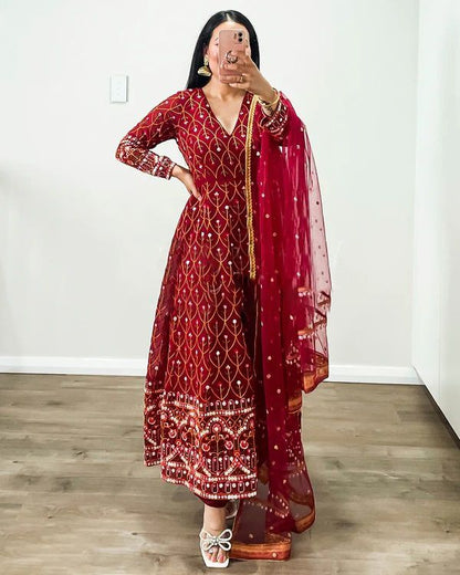 Terrific Red Color Thread Sequence Work Gown