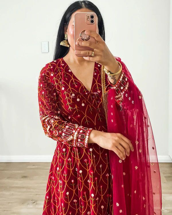 Terrific Red Color Thread Sequence Work Gown