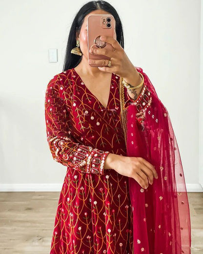 Terrific Red Color Thread Sequence Work Gown