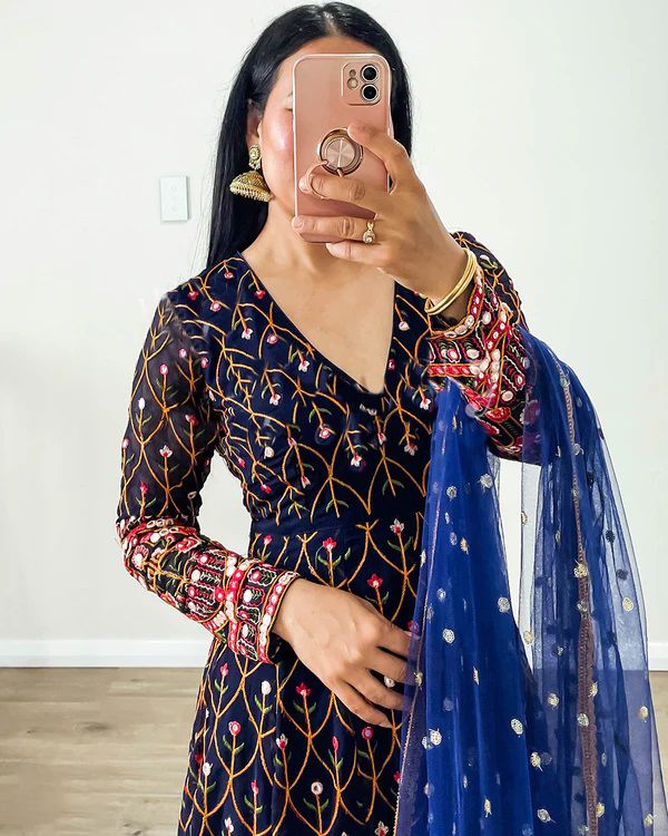Terrific Blue Color Thread Sequence Work Gown