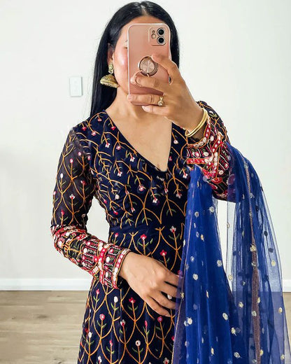 Terrific Blue Color Thread Sequence Work Gown