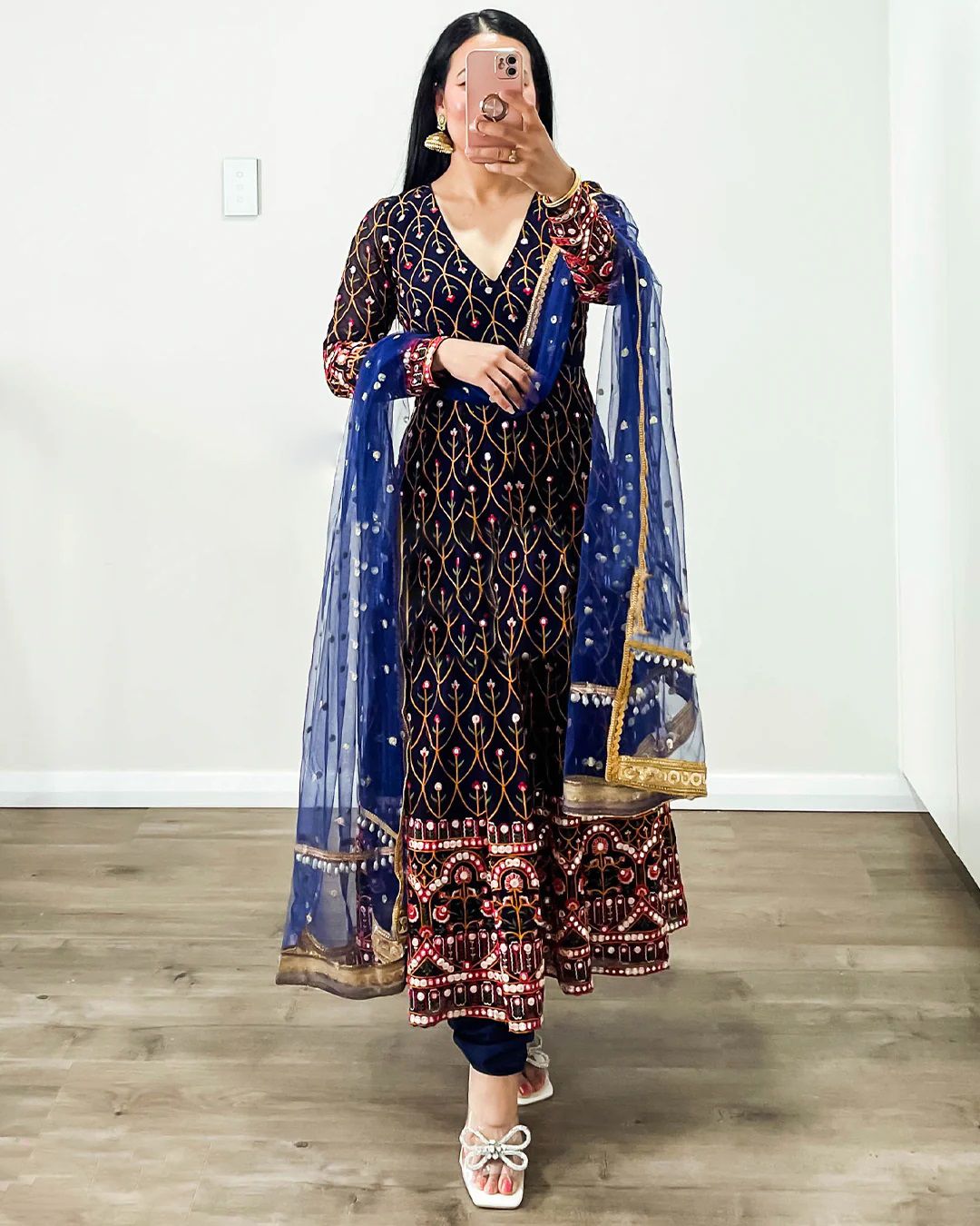 Terrific Blue Color Thread Sequence Work Gown