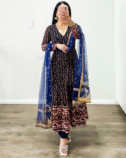 Terrific Blue Color Thread Sequence Work Gown
