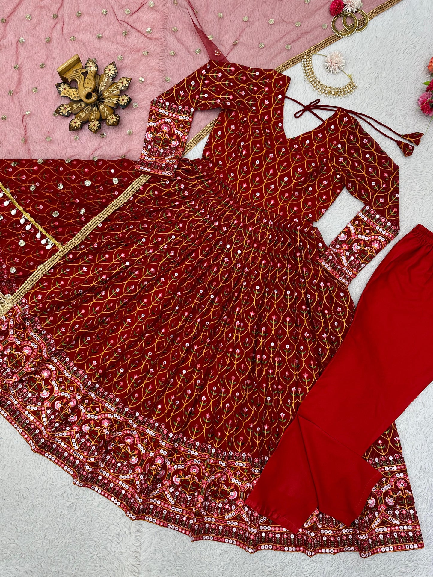 Terrific Red Color Thread Sequence Work Gown