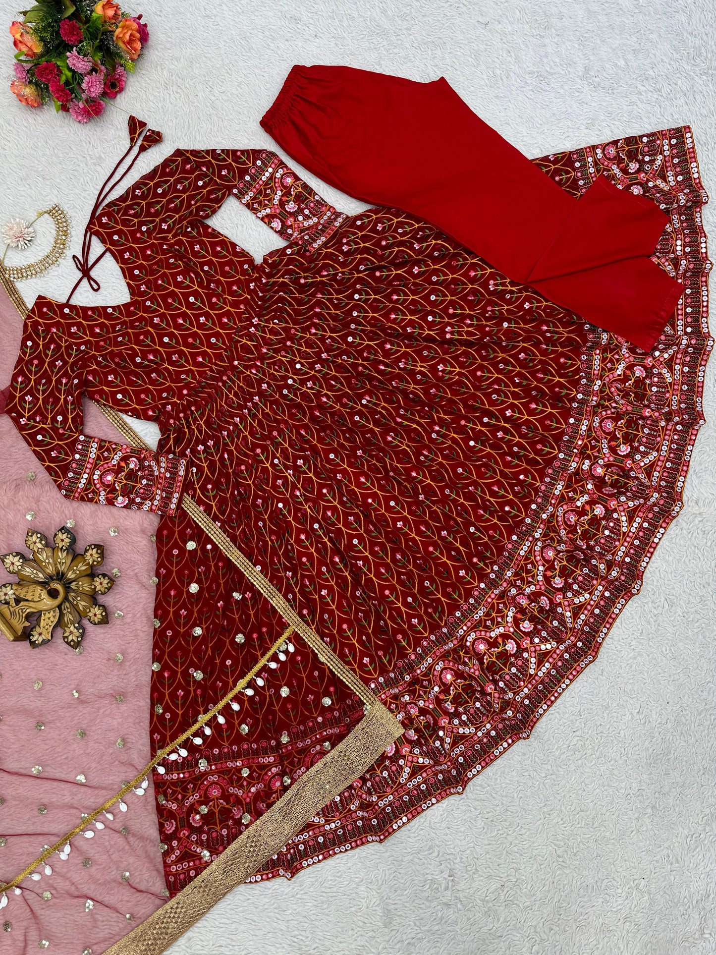 Terrific Red Color Thread Sequence Work Gown