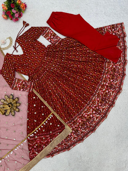 Terrific Red Color Thread Sequence Work Gown