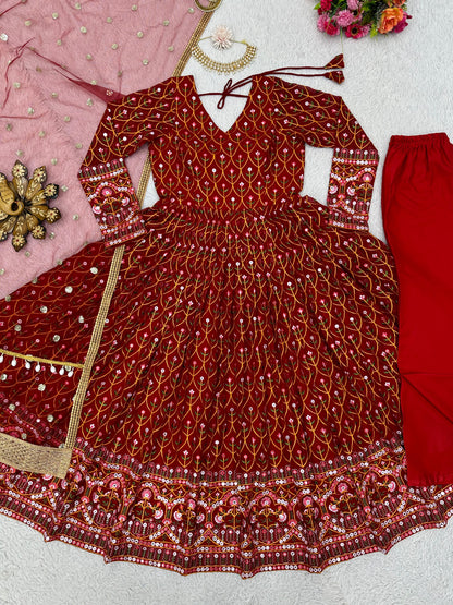 Terrific Red Color Thread Sequence Work Gown