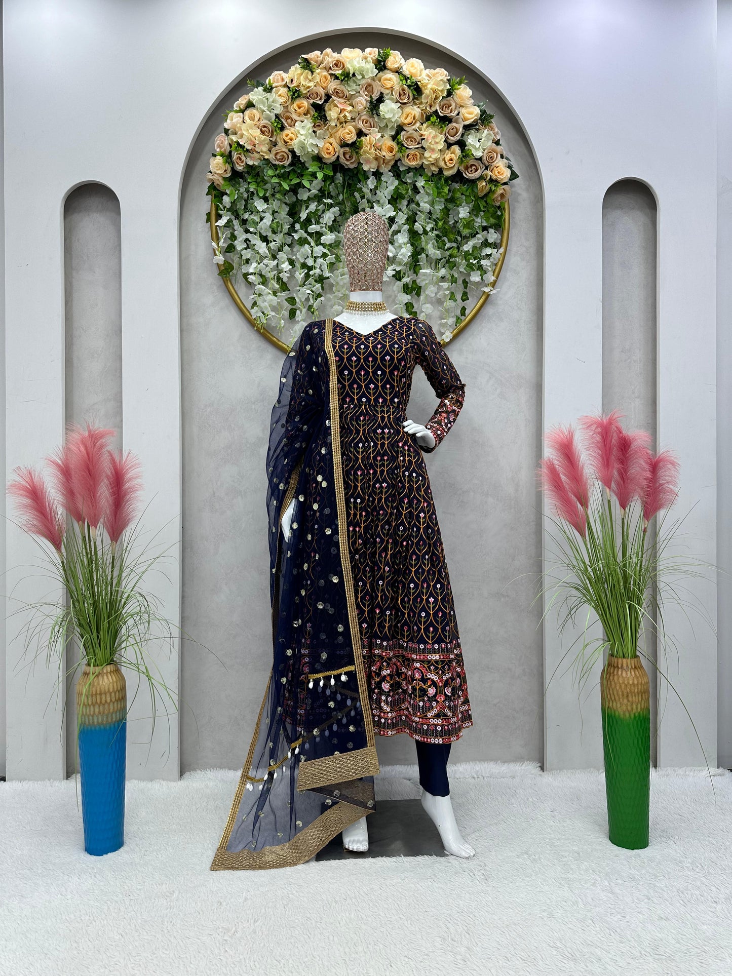 Terrific Blue Color Thread Sequence Work Gown