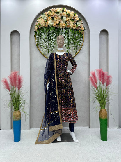 Terrific Blue Color Thread Sequence Work Gown