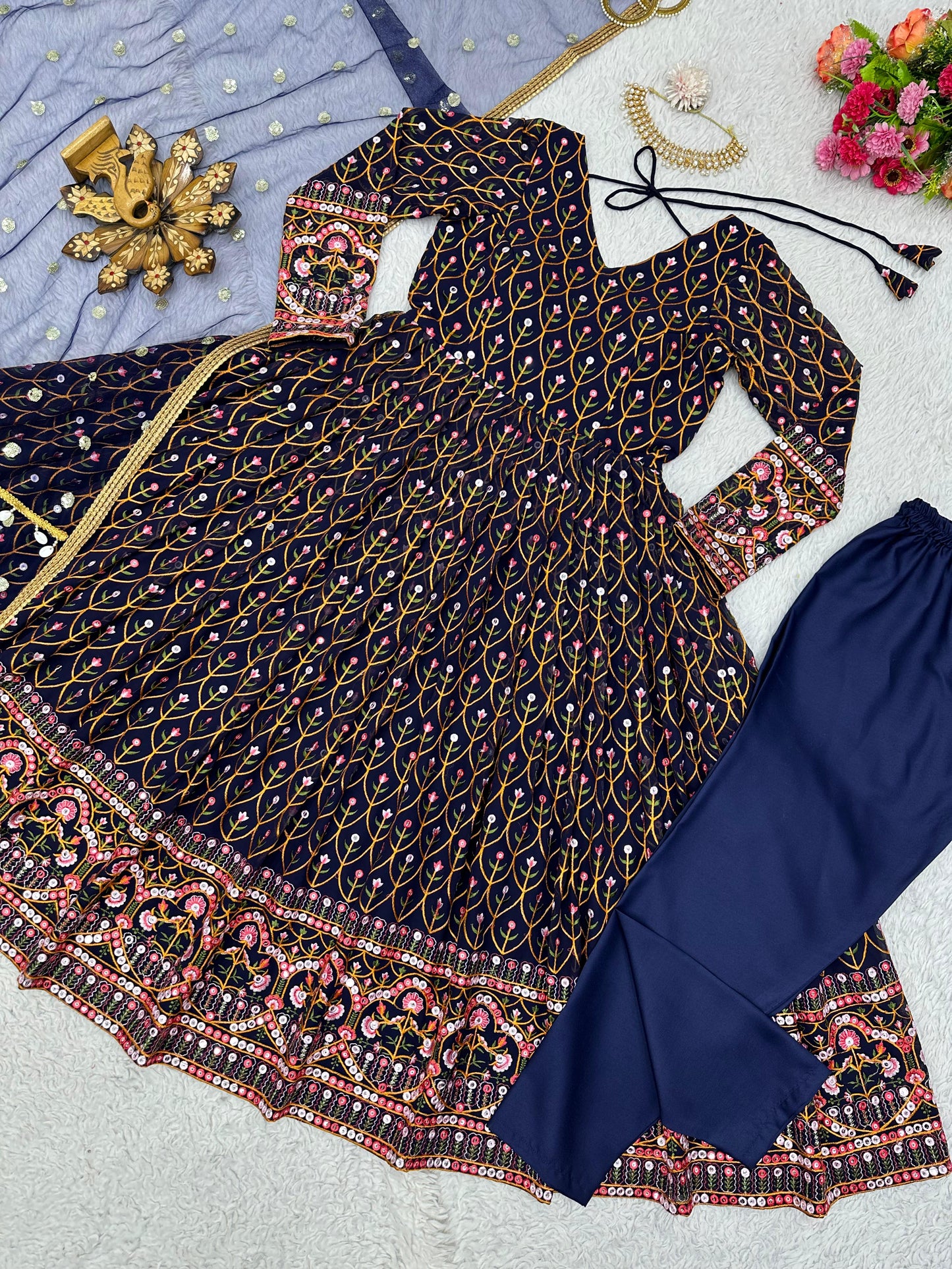 Terrific Blue Color Thread Sequence Work Gown