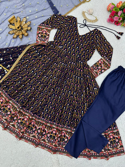 Terrific Blue Color Thread Sequence Work Gown