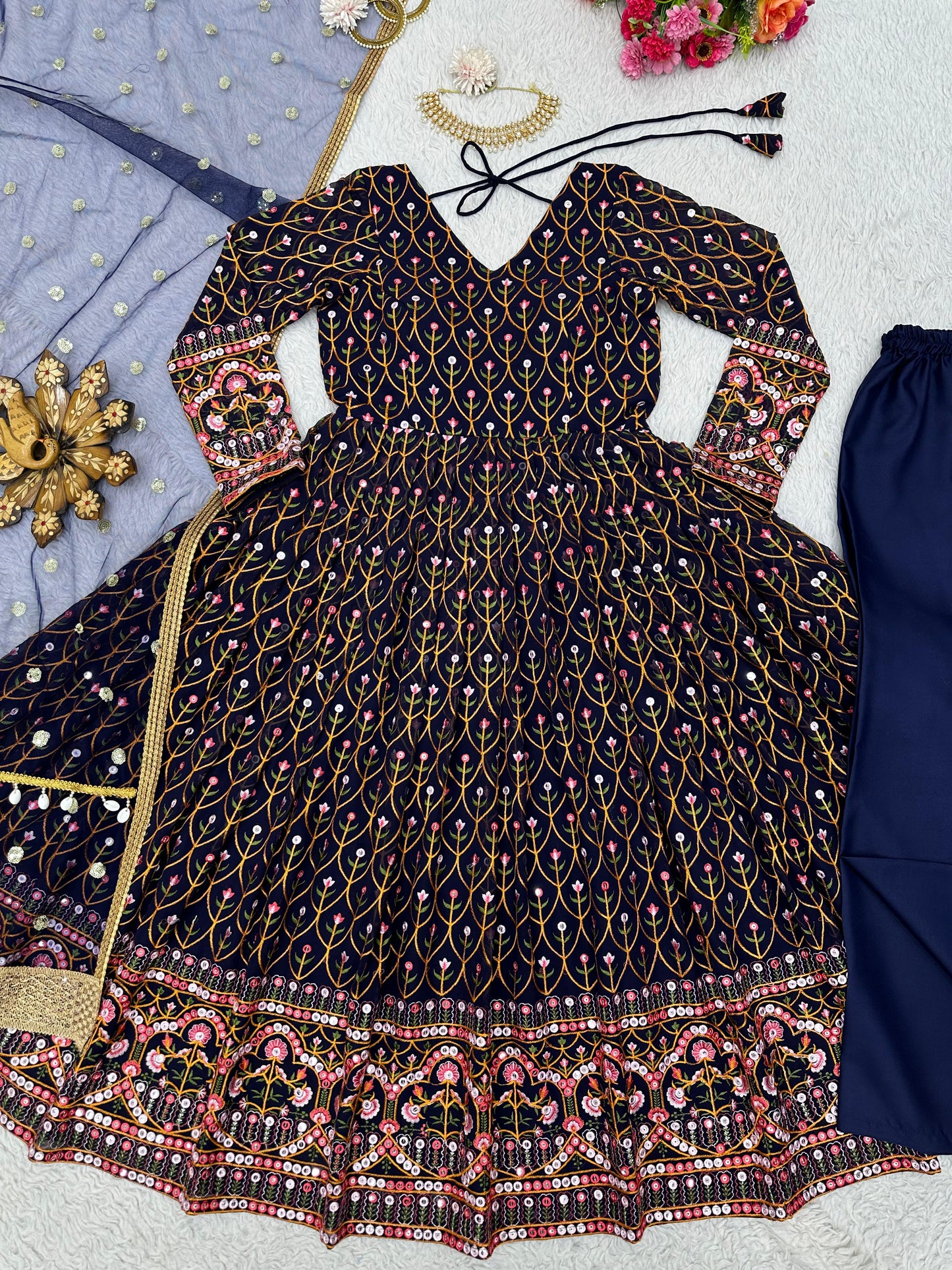 Terrific Blue Color Thread Sequence Work Gown