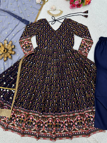 Terrific Blue Color Thread Sequence Work Gown