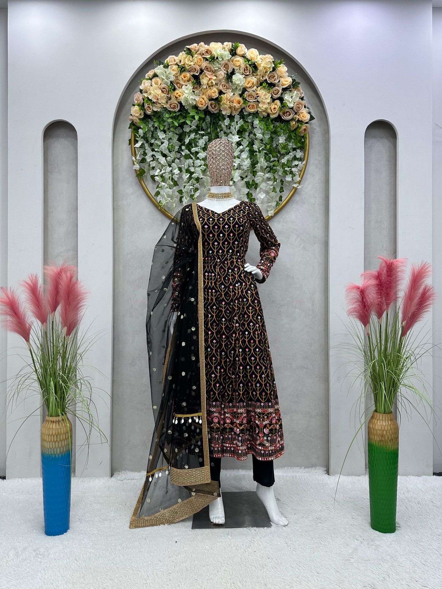 Terrific Black Color Thread Sequence Work Gown