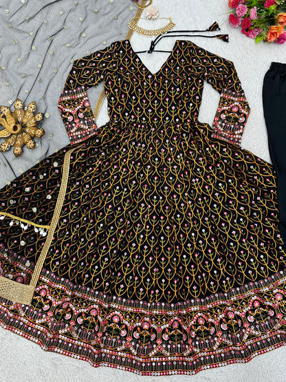 Terrific Black Color Thread Sequence Work Gown