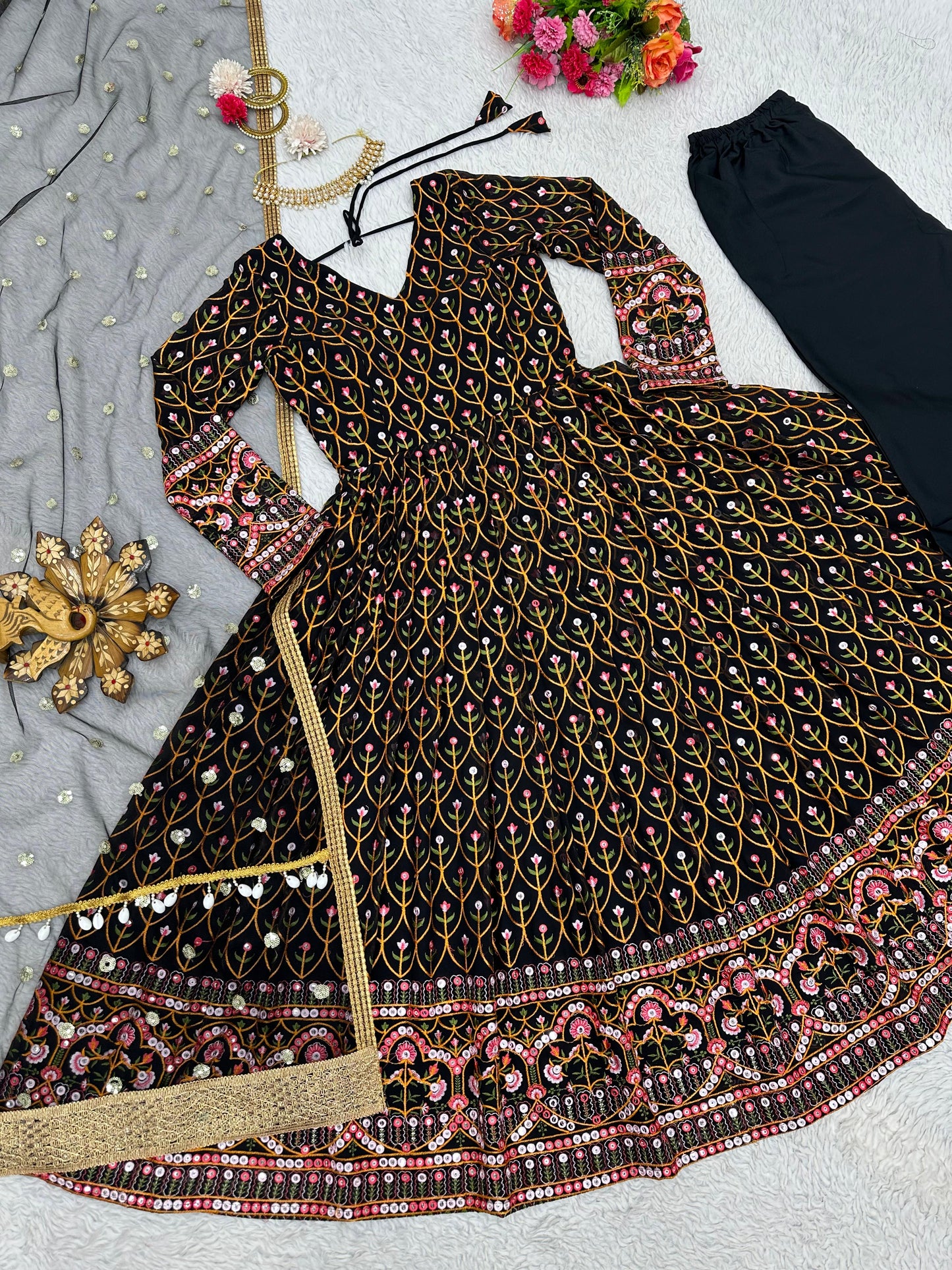 Terrific Black Color Thread Sequence Work Gown