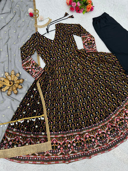 Terrific Black Color Thread Sequence Work Gown